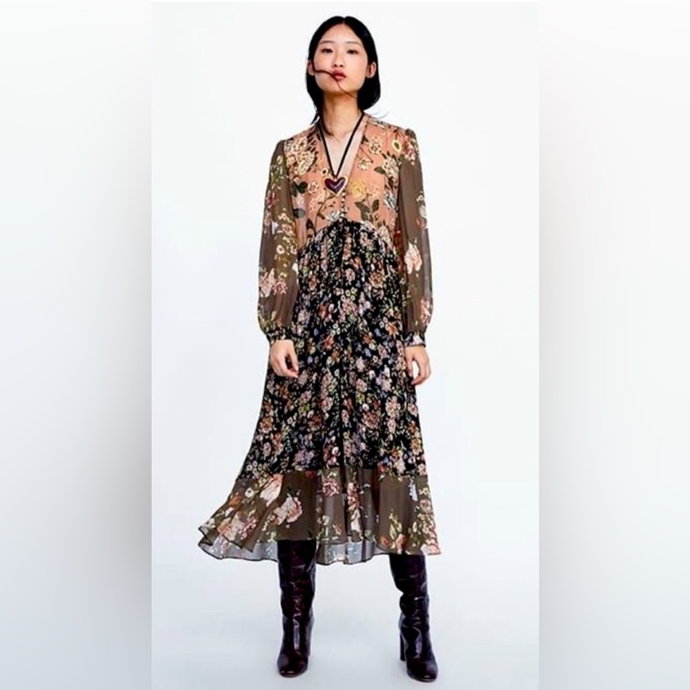 Zara Chic Floral Long Sleeve Dress in Black and Brown - Picture 7 of 8